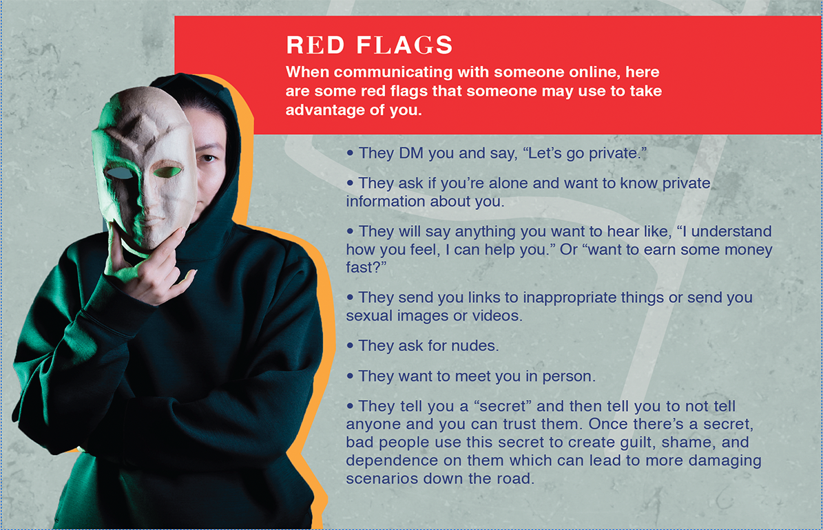 Image of someone in disguise with the text: Red Flags. When communicating with someone online, here are some red flags that someone may use to take advantage of you.